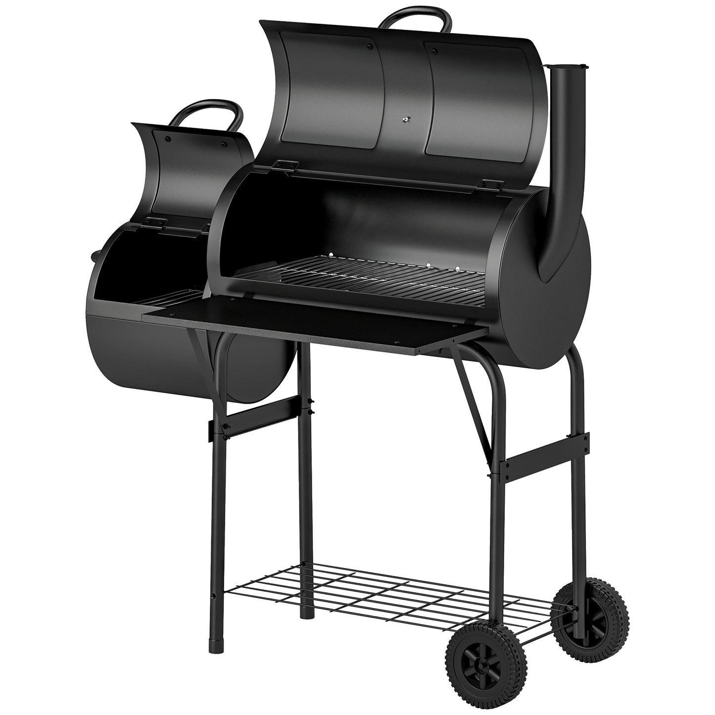 Outsunny Steel Charcoal Grill BBQ Smoker met deksel, thermometer, wielen, luchtinlaat, houtskoollade