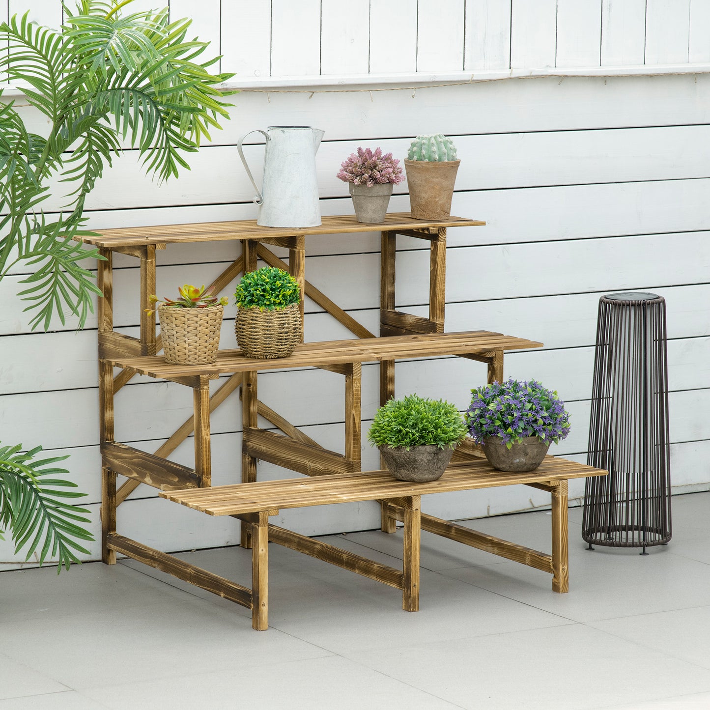 Outsunny Plantenstandaard, Bloemenstandaard, Bloemenplank, Plantenplank, Bloemenstandaard, 3 lagen, Dennenhout, 100 x 80 x 78 cm