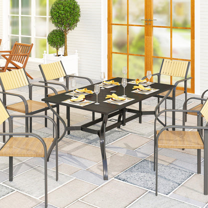 Outsunny Tuintafel Staal 150x90 cm Weerbestendige Balkontafel met Parasolgat, Lattenbodem voor 6 Personen Zwart