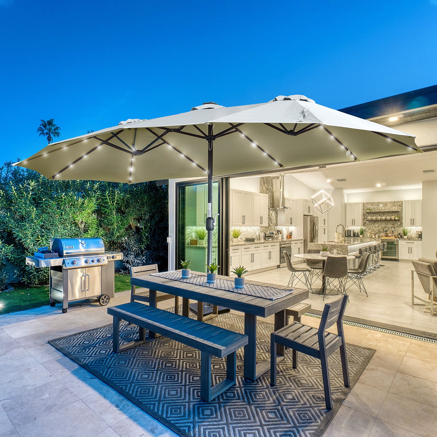 Outsunny Parasol met LED Solar 4,5m Dubbele Parasol Tuinparasol Marktparasol Patioparasol Ovaal Lichtgrijs+Zwart