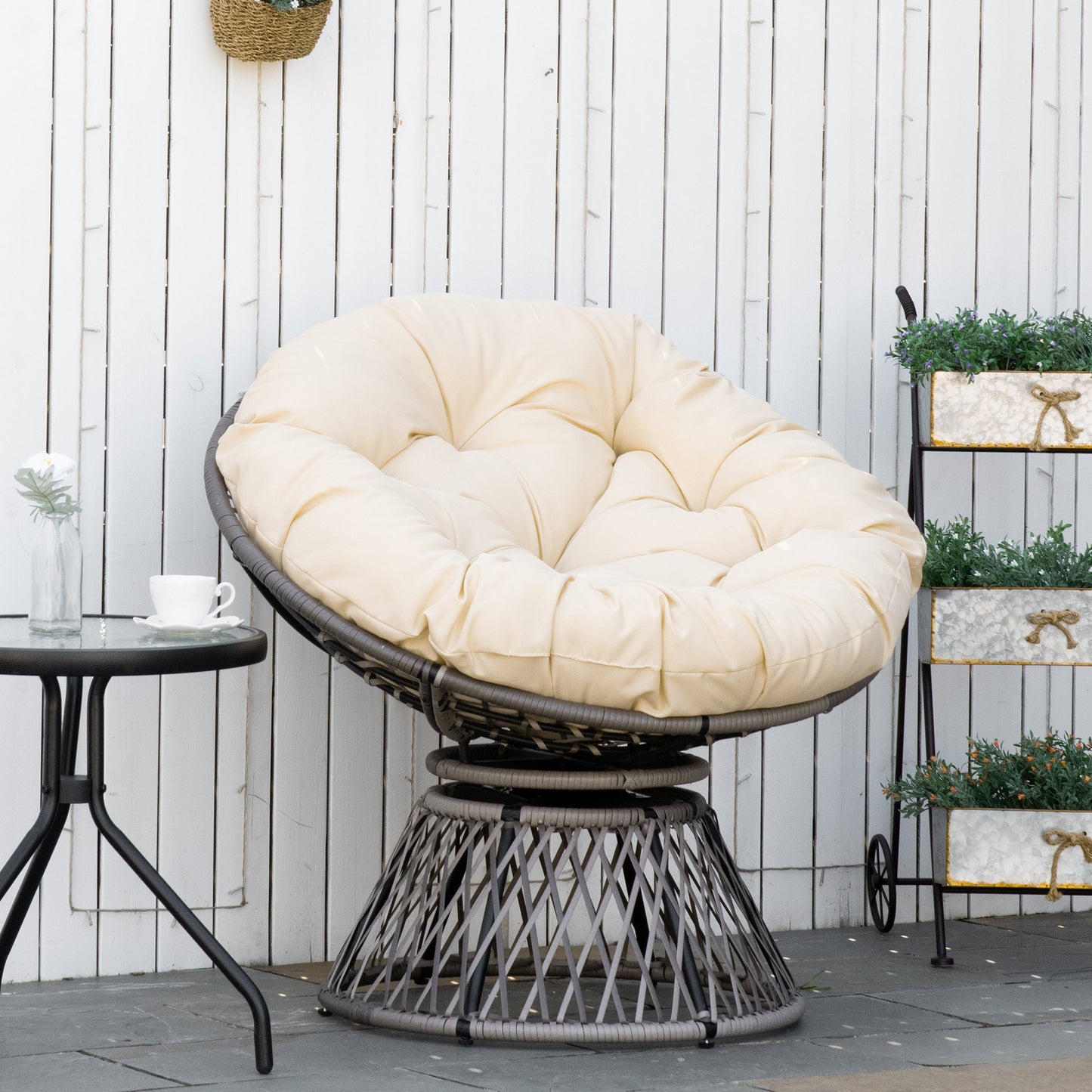 Papasan Schommelstoel Buiten – Rotan Ei-Stoel met Draaibaar Frame & Zacht Kussen | Wit
