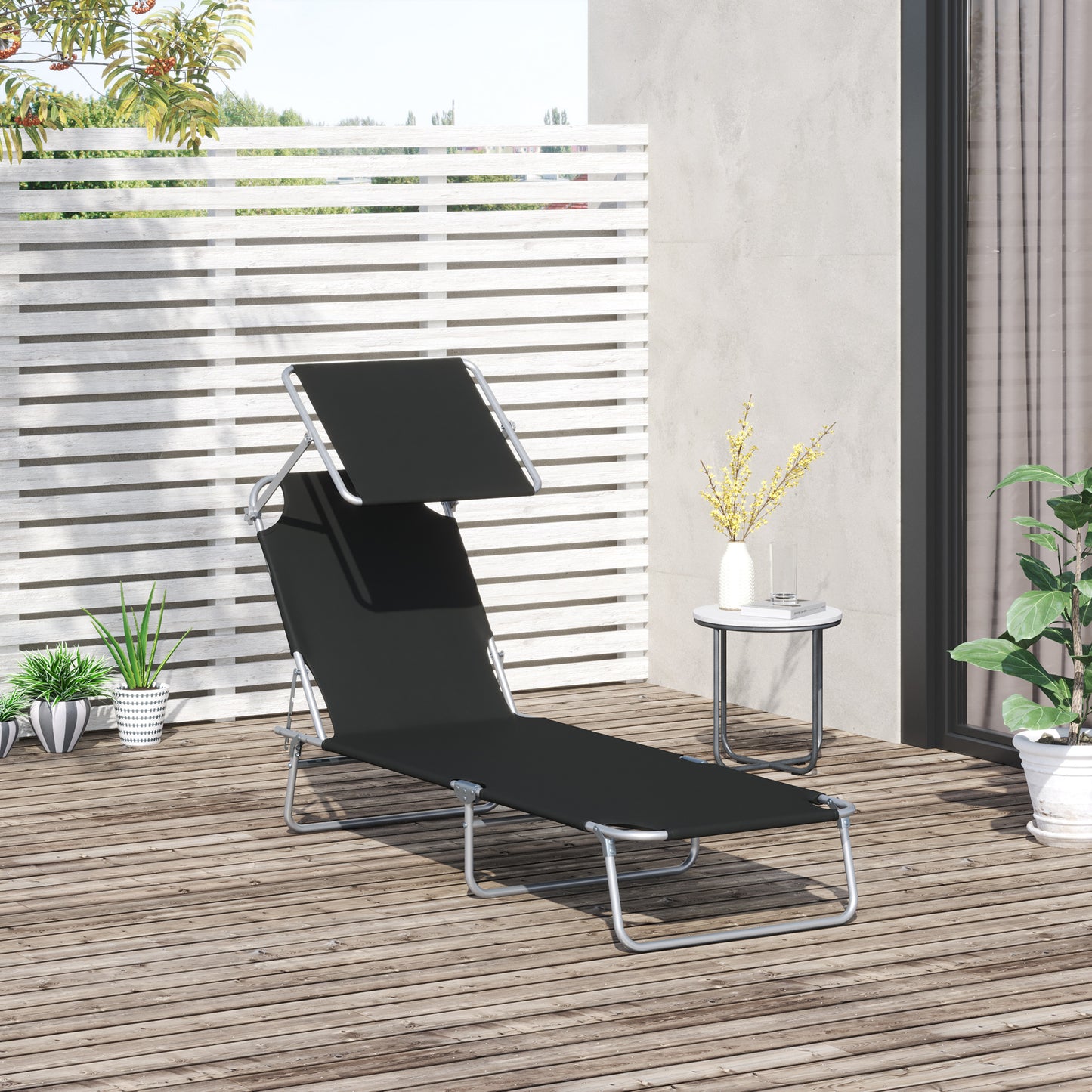 Outsunny Opvouwbare ligstoel, tuinligstoel met zonnescherm, ligstoel met in 4 standen verstelbare rugleuning, kampeerligstoel, belastbaar tot 120 kg, geschikt voor tuin, balkon en zwembad, 6 kleuren (zwart)