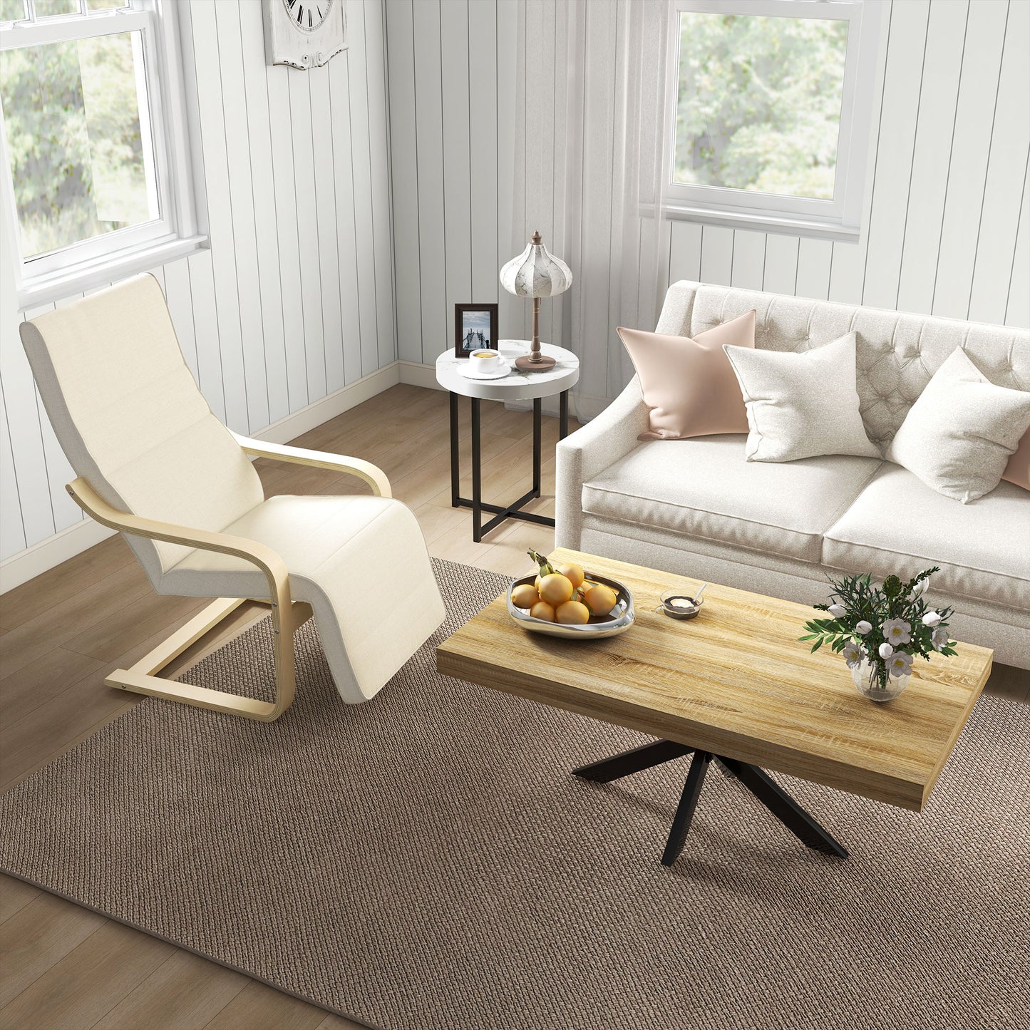 HOMCOM ligstoel met kussen, 5-positie voetensteun, berkenhout, tot 120 kg, 66,5 x 94 x 100 cm, crèmewit