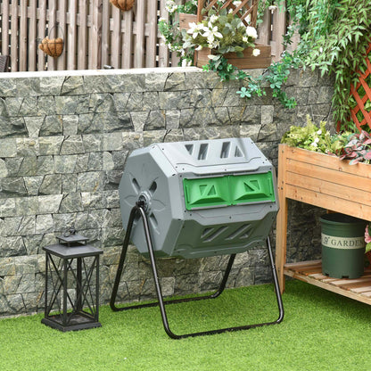 Outsunny compostbak met 2 compartimenten, inhoud 160 liter, draaibaar, 71 cm x 65 cm x 96 cm, grijs + groen + zwart