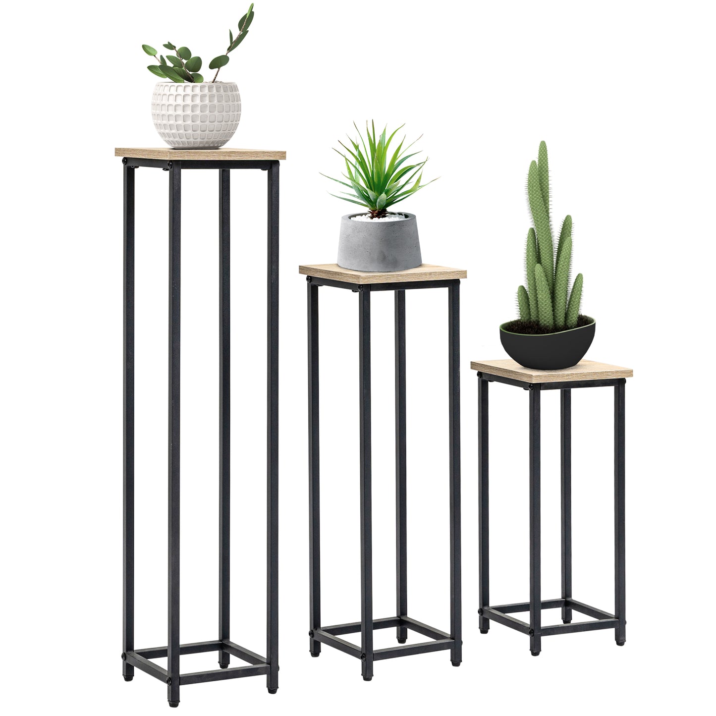 Outsunny 3-delige set stapelbare, ruimtebesparende plantenstandaards, 21 cm x 21 cm x 50/70/90 cm, staal, bruin + zwart