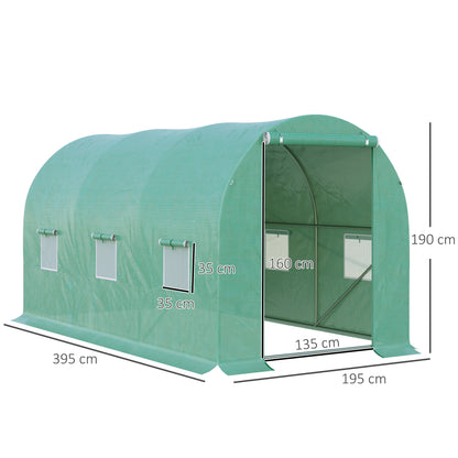 Outsunny boogkas, 6 gaasramen, transparante folie, metalen frame, 3,95 x 1,95 x 1,90 m, groen