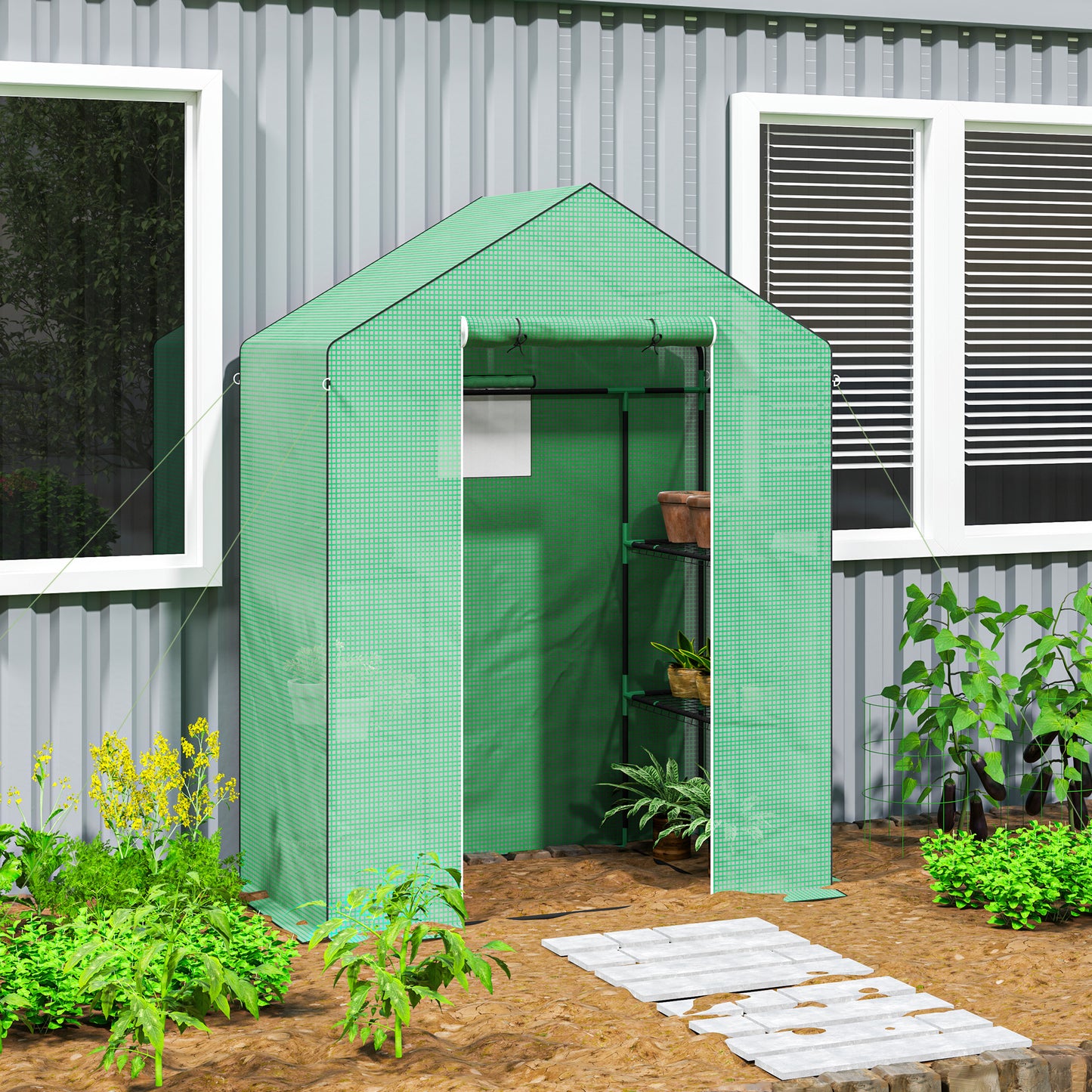 Outsunny Kas met planken, mini-kas, uv-bestendig, gaasraam, ritssluiting, 143L x 74B x 190H cm, groen