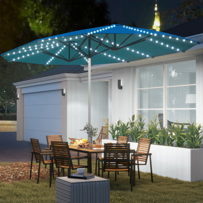 Outsunny dubbele parasol met solarlampen, aluminium, polyester, UPF50+ bescherming, UV-bestendig, terrasparasol, blauw