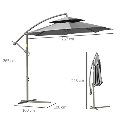 Outsunny Parasol Zwenkparasol Ø2,67 x 2,45 m Zwengelparasol met dubbele kap Kruisvoet Staal Buitenzonwering Polyester Staal Lichtgrijs