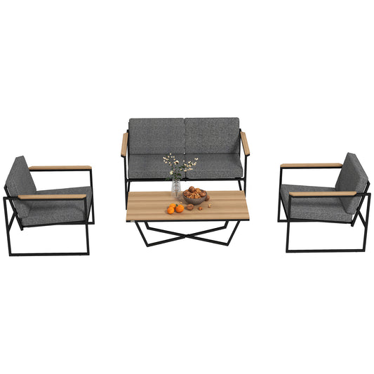 Outsunny 4-persoons tuinmeubelset, weerbestendige balkonmeubelset met 2-zitsbank, 2 stoelen, zitkussens en bijzettafel, grijs