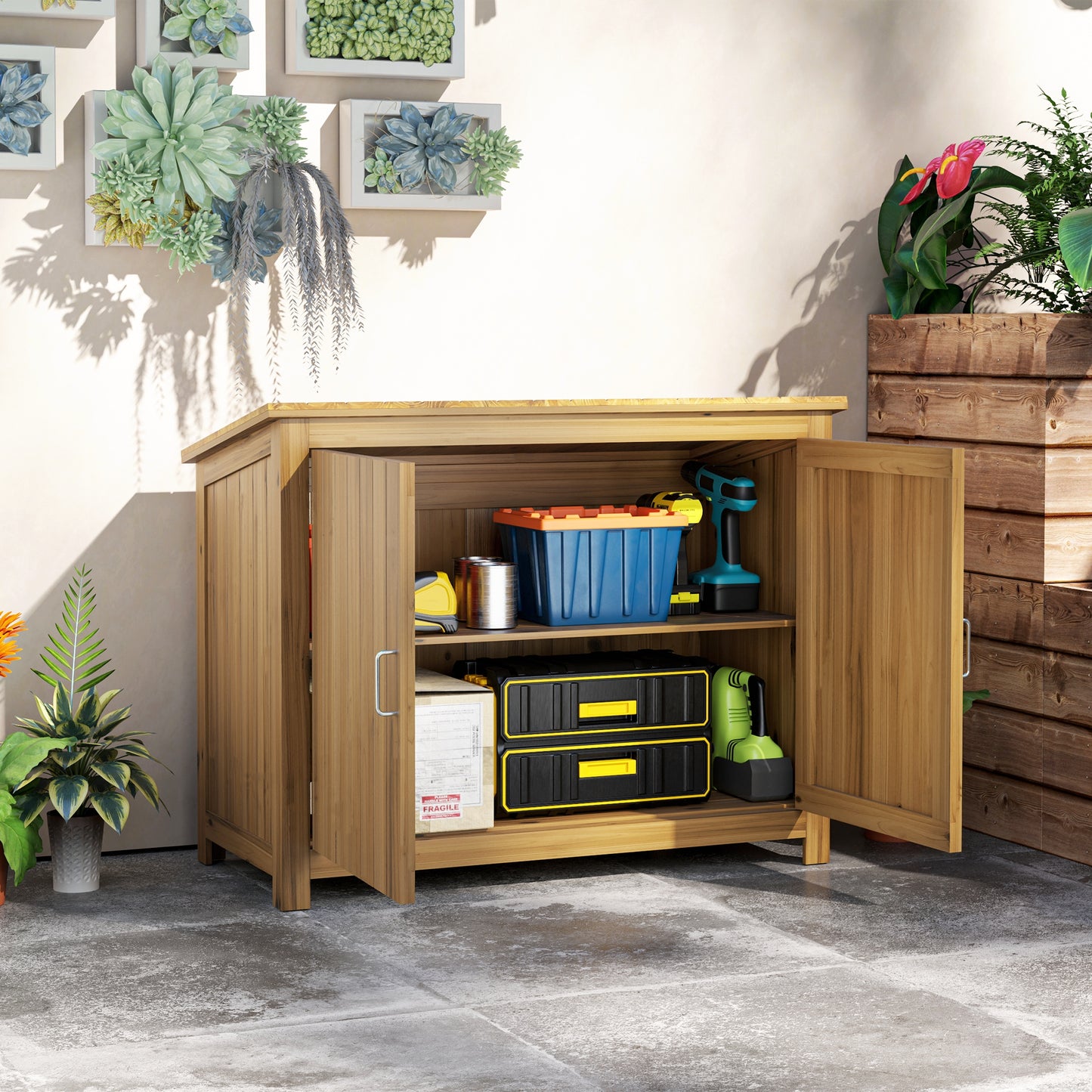 Outsunny tuinkast, houten ladekast met 2 planken voor tuin, terras, weerbestendig, 110 x 50 x 85 cm, bruin