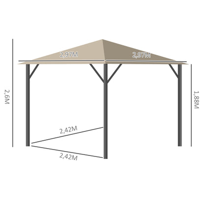 Outsunny Tuinpaviljoen 3 x 3 m Tuintentdak met ventilatiegaten Partytent met 4 zijpanelen Weerbestendig aluminium Polyester Khaki