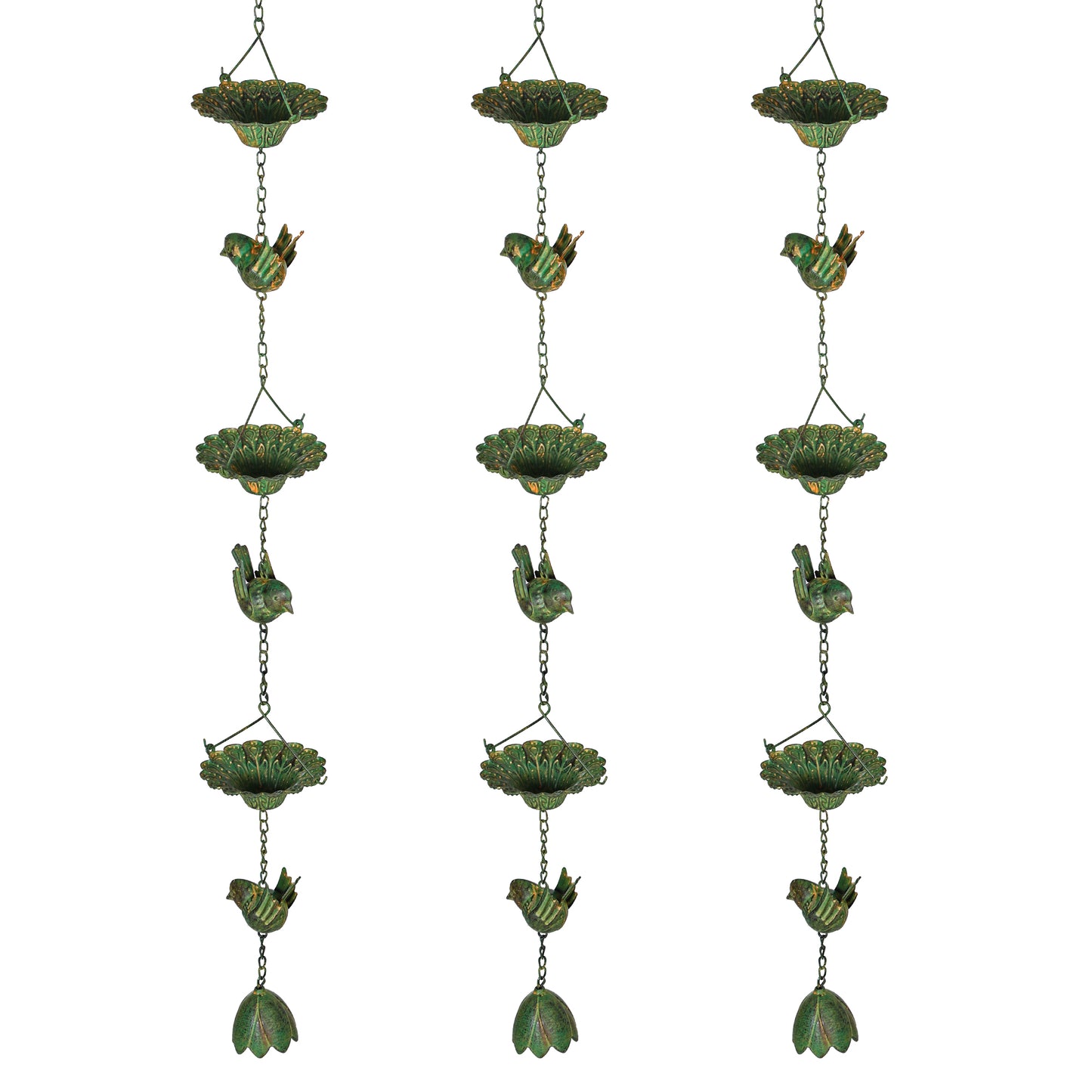 Outsunny 3-delige set regenketting, 123cm, metalen regenafvoerketting met ophangoog, vogelmotief, belgroen