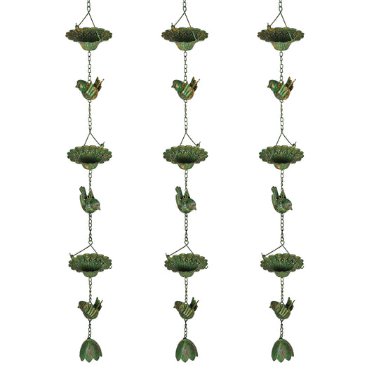 Outsunny 3-delige set regenketting, 123cm, metalen regenafvoerketting met ophangoog, vogelmotief, belgroen