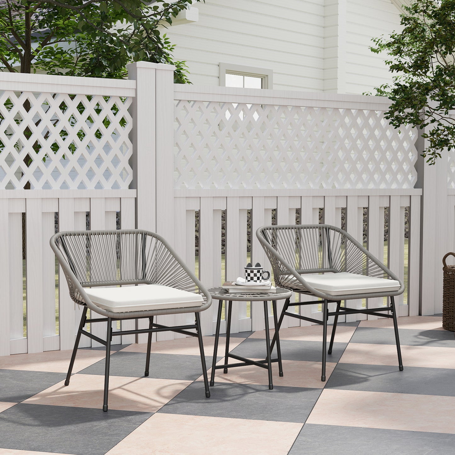 Outsunny 3-delige tuinmeubelset, 1 tafel, 2 stoelen, rotan vlechtwerk, stalen frame, salontafel met glazen blad, donkergrijs