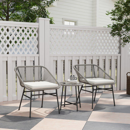 Outsunny 3-delige tuinmeubelset, 1 tafel, 2 stoelen, rotan vlechtwerk, stalen frame, salontafel met glazen blad, donkergrijs