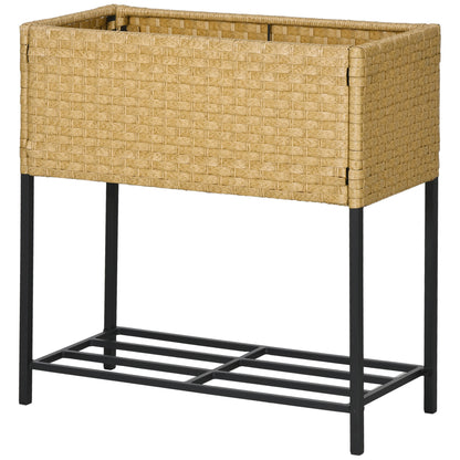Outsunny Verhoogd Tuinbed, Bloembak, Diepe Plank, Metalen Frame/Polyrotan, 70 x 30 x 72 cm, Zandkleur