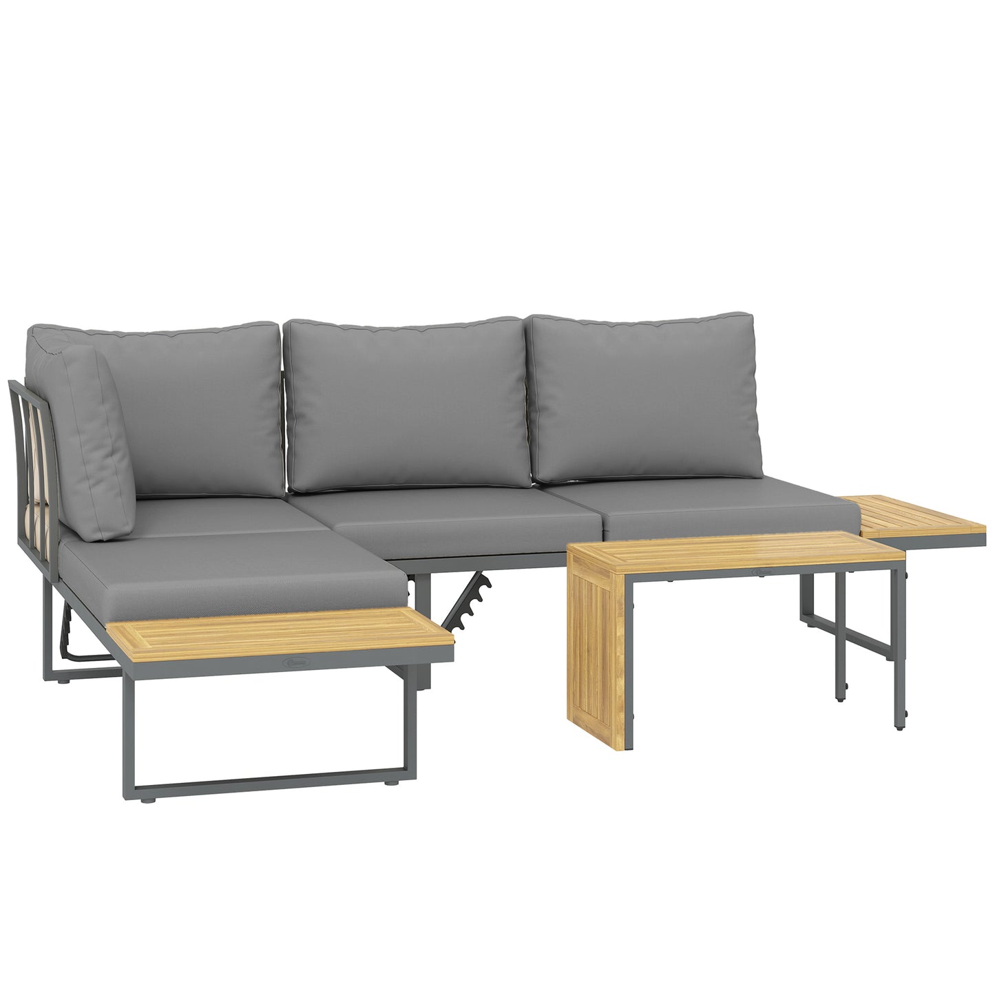 Outsunny tuinmeubelset, uitbreidbaar tot 6 zitplaatsen, L-vormige buitenzithoek met tafels, stalen frame, verstelbare rugleuningen, grijs