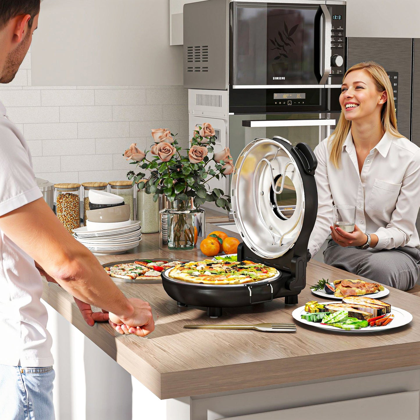 HOMCOM Elektrische pizzaoven 430°C, 1200 Watt pizzamaker met 30 cm stenen plaat, timer, kijkvenster, roestvrij staal, zwart