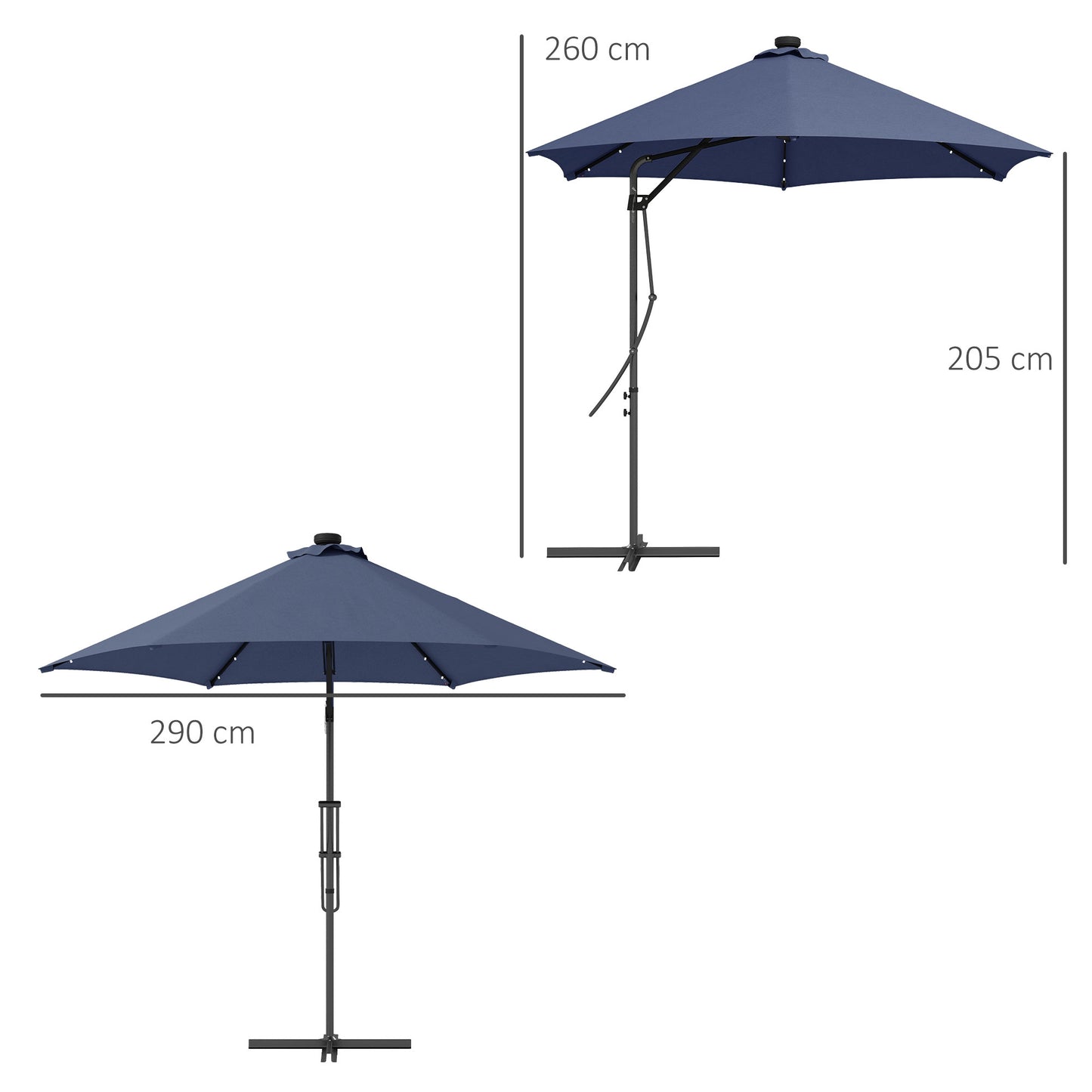 Outsunny tuinparasol, zweefparasol, LED's, zonnepaneel, weerbestendig, incl. beschermhoes, Ø290 x 260 cm, donkerblauw
