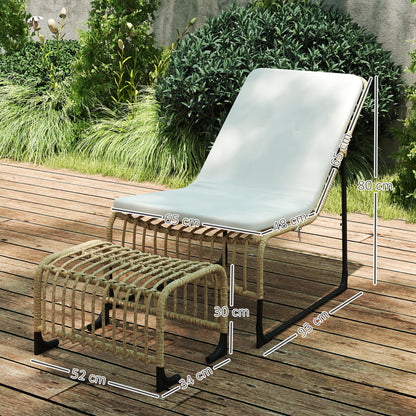 Outsunny rotan relaxstoel met voetenbankje, UV-bestendige tuinstoel met kussens en banden, 65 x 93 x 80 cm, natuurlijk hout