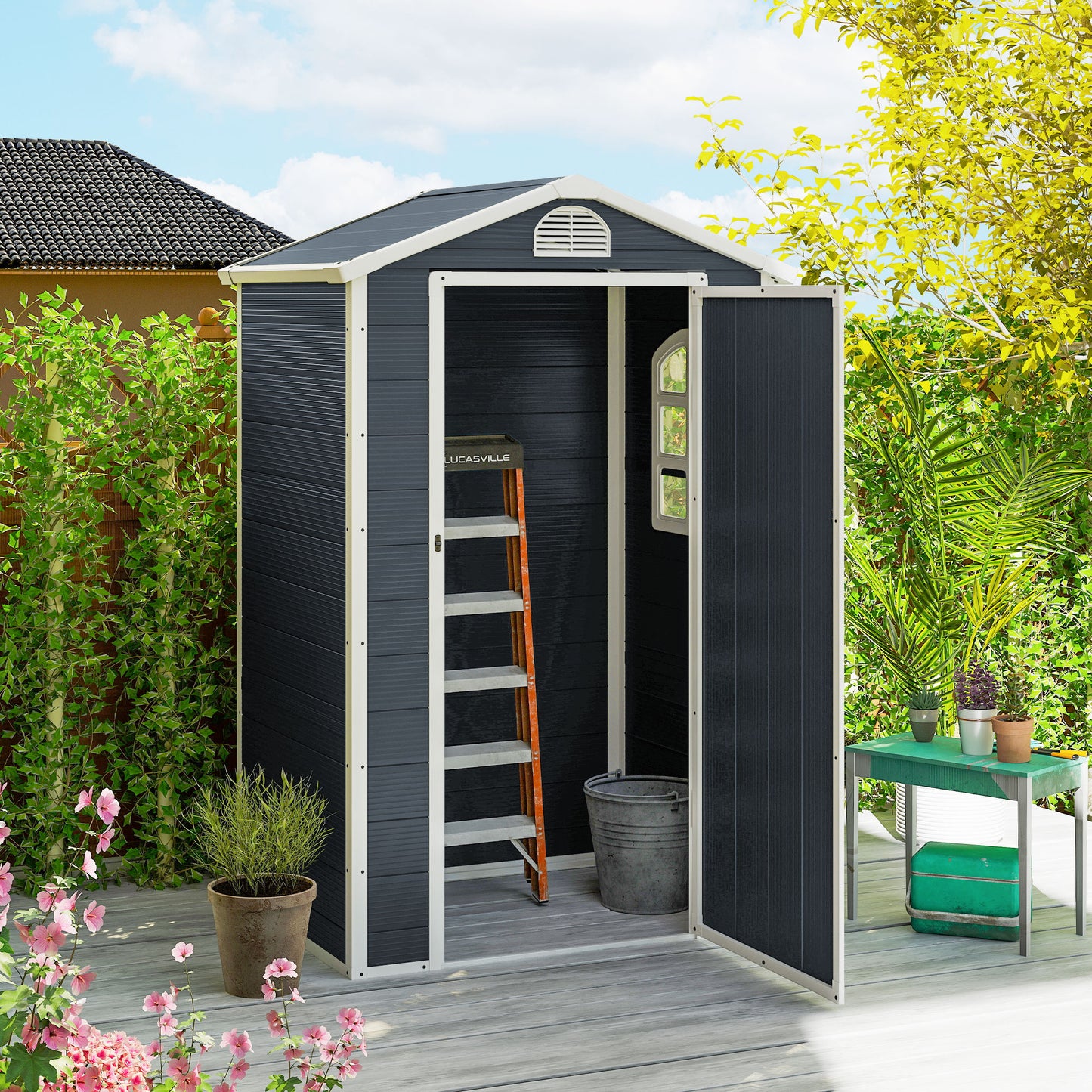 Outsunny kunststof tuinhuis 1,9 m² 134 x 104 x 204 cm gereedschapsschuur met zadeldakdeur weerbestendig tuinhuis buiten tuinhuis kast voor achtertuin buitenruimte donkergrijs