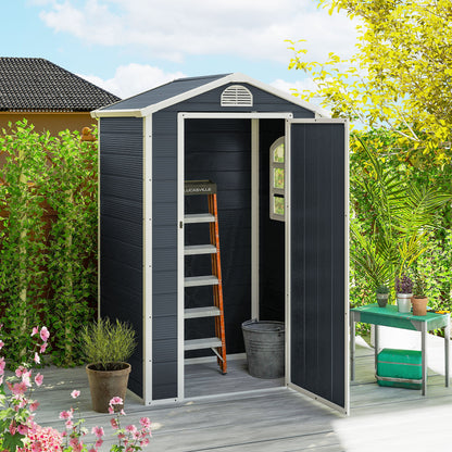 Outsunny kunststof tuinhuis 1,9 m² 134 x 104 x 204 cm gereedschapsschuur met zadeldakdeur weerbestendig tuinhuis buiten tuinhuis kast voor achtertuin buitenruimte donkergrijs